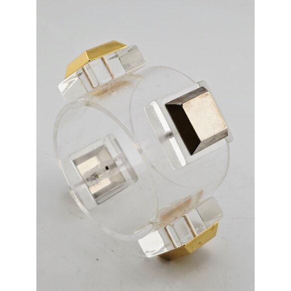 Rare Unsigned Julie Rubano Wide Lucite Cuff Bracelet With 2 Raised Metal Squares - Picture 3 of 7